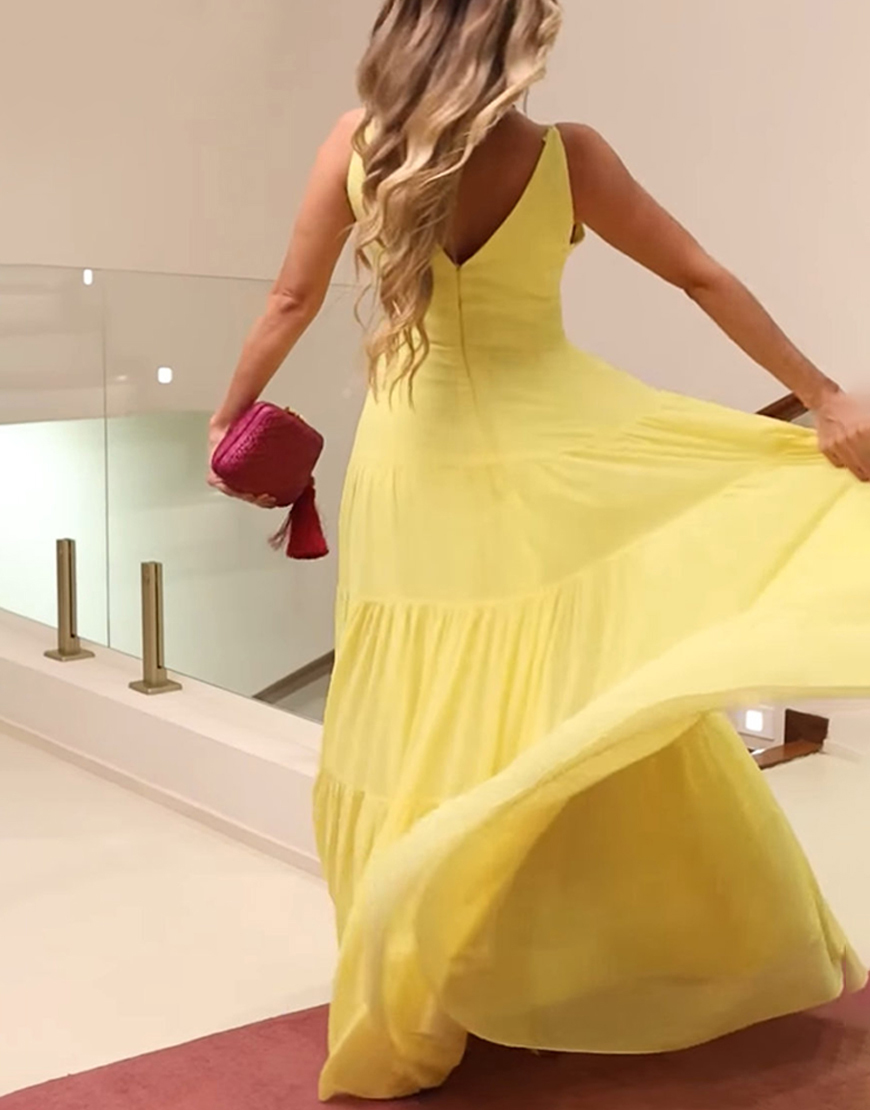 Simple Yellow Chiffon V-Neck A Line Ruched Long Prom Dress