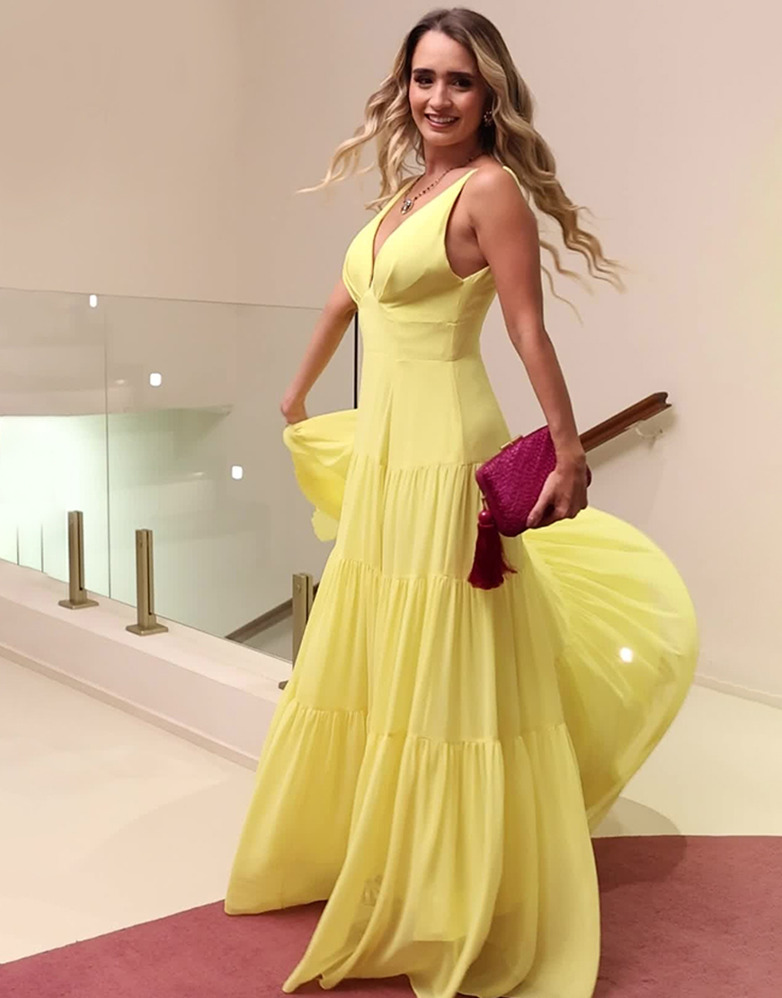Simple Yellow Chiffon V-Neck A Line Ruched Long Prom Dress