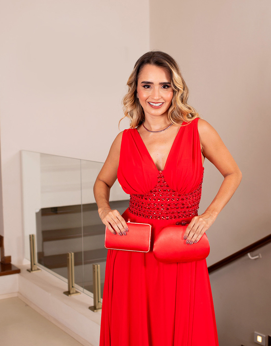 Sparkly Red Beaded A Line Chiffon V-Neck Long Prom Dress