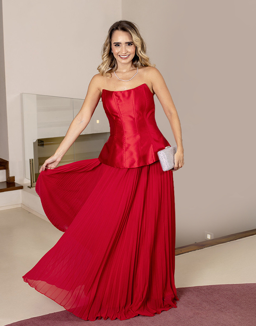 Red Strapless Corset A Line Pleated Chiffon Long Prom Dress