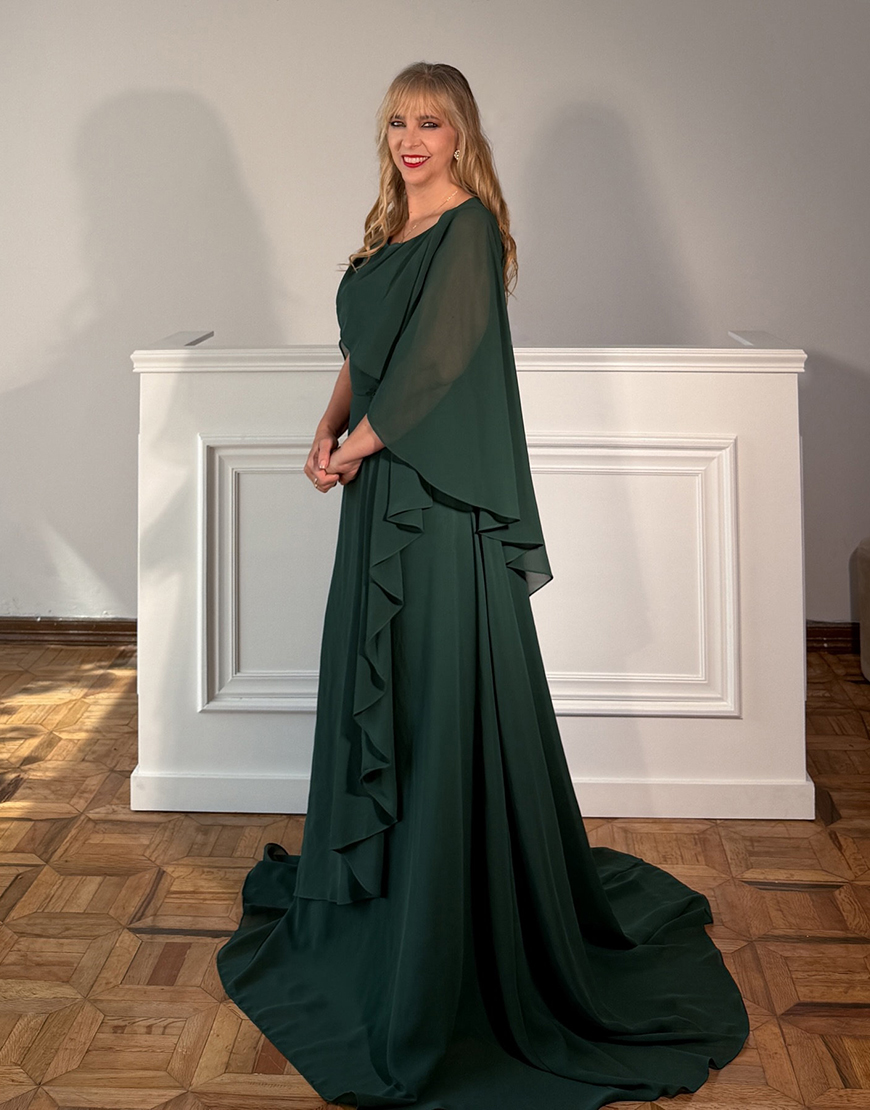 Dark Green Chiffon Ruffled A Line Long Mother of the Bride Dress with Sleeves