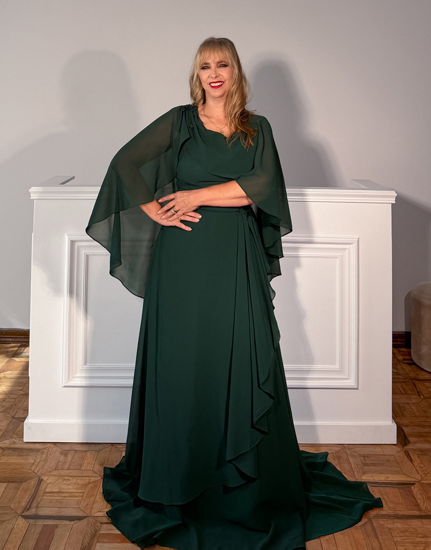 Dark Green Chiffon Ruffled A Line Long Mother of the Bride Dress with Sleeves