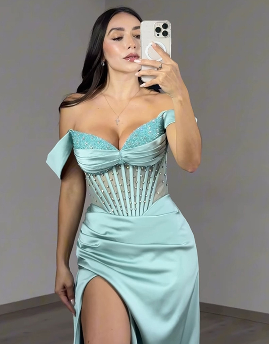 Sparkly Mint Satin Corset Mermaid Beaded Long Prom Dress with Slit