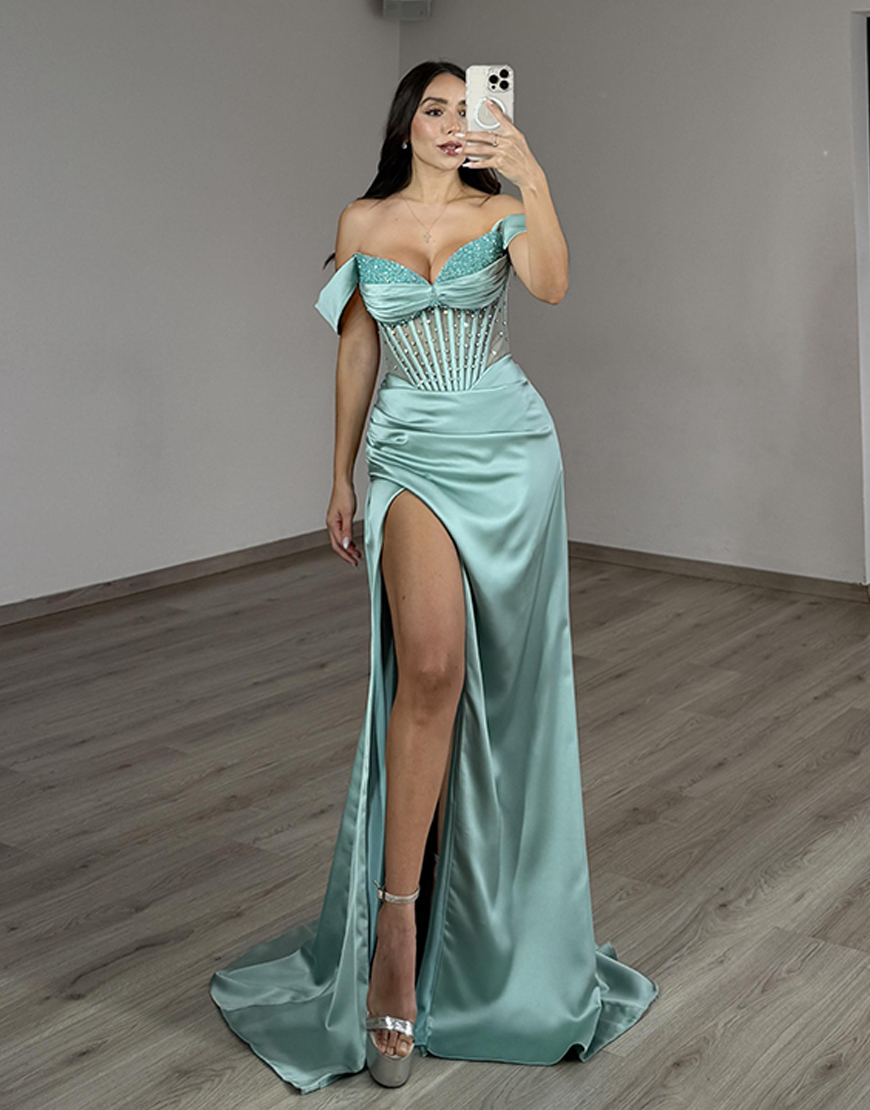 Sparkly Mint Satin Corset Mermaid Beaded Long Prom Dress with Slit