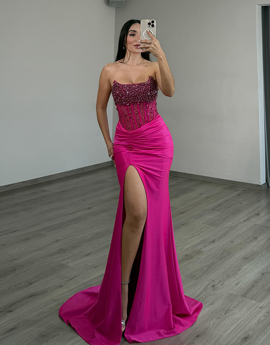 Sparkly Fuchsia Satin Beaded Corset Mermaid Long Prom Dress with Slit
