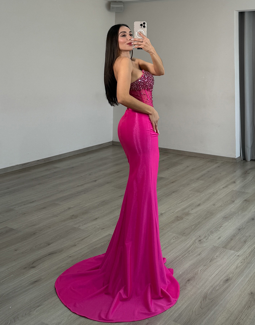 Sparkly Fuchsia Satin Beaded Corset Mermaid Long Prom Dress with Slit