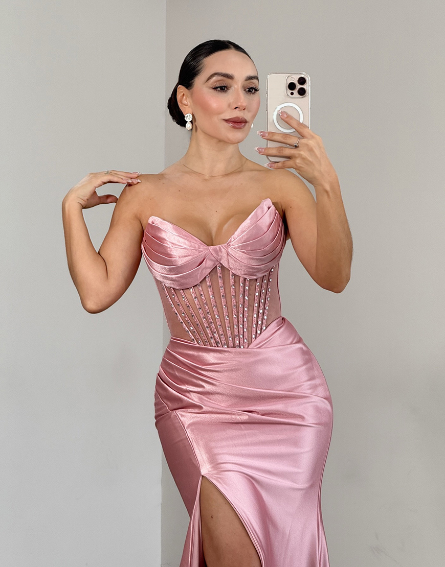 Sparkly Pink Mermaid Corset Satin Strapless Long Prom Dress with Slit