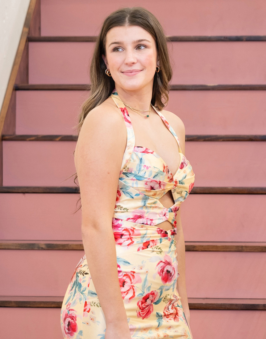 Yellow Halter Floral Mermaid Cut Out Long Prom Dress with Slit