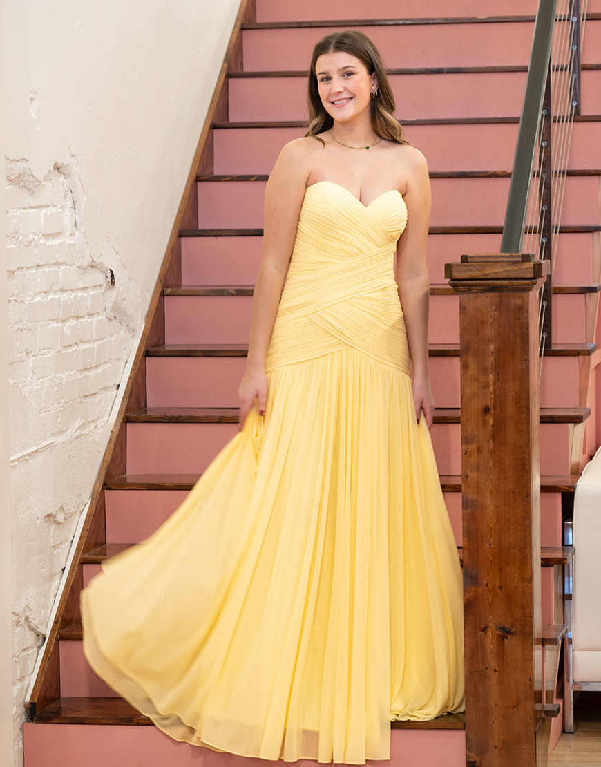 Yellow Sweetheart Pleated Chiffon A Line Long Prom Dress