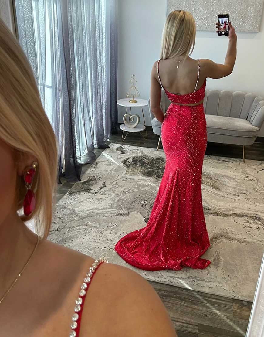 Sparkly Red 2 Piece Mermaid Beaded Long Prom Dress with 3D Flower