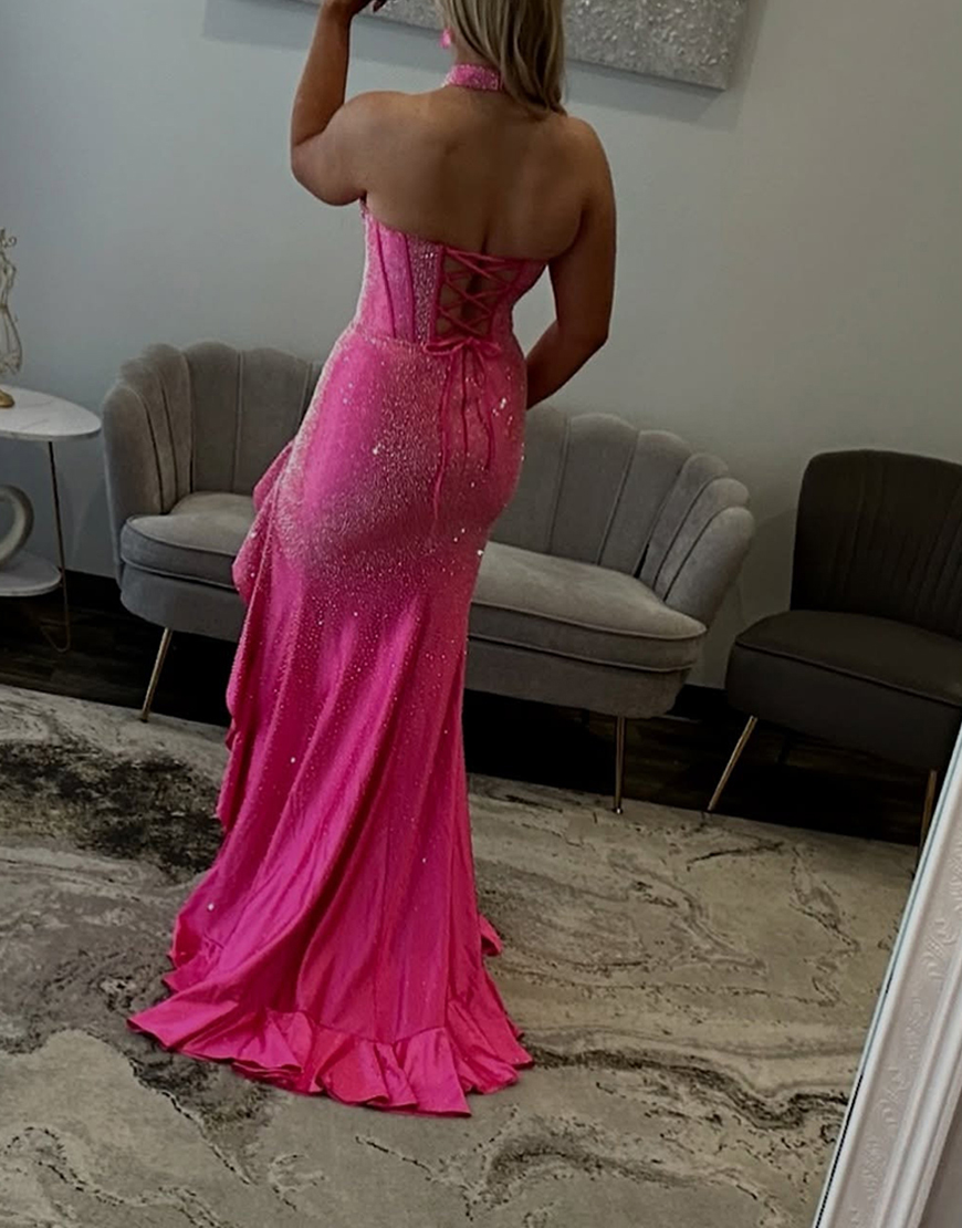 Sparkly Fuchsia Corset Satin Ruffled Mermaid Beaded Long Prom Dress with Slit