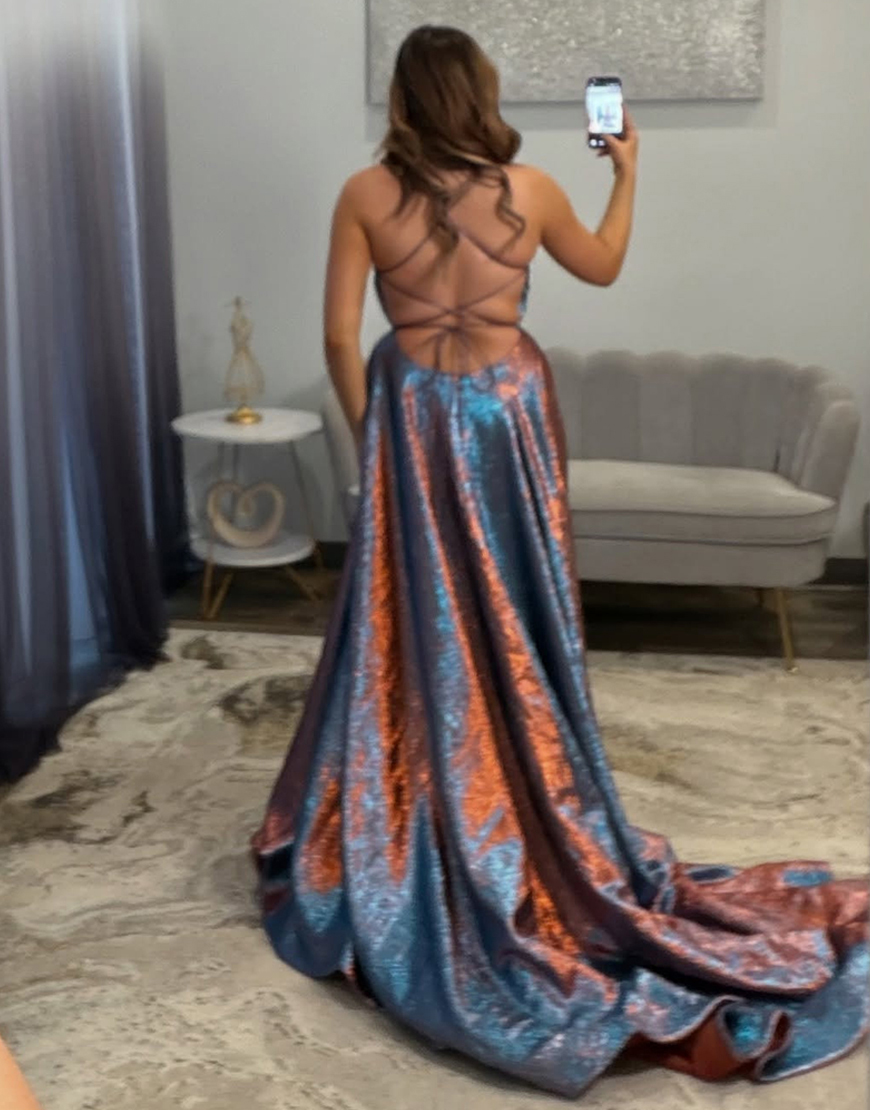 Blue Metallic Spaghetti Straps A Line Long Prom Dress with Slit