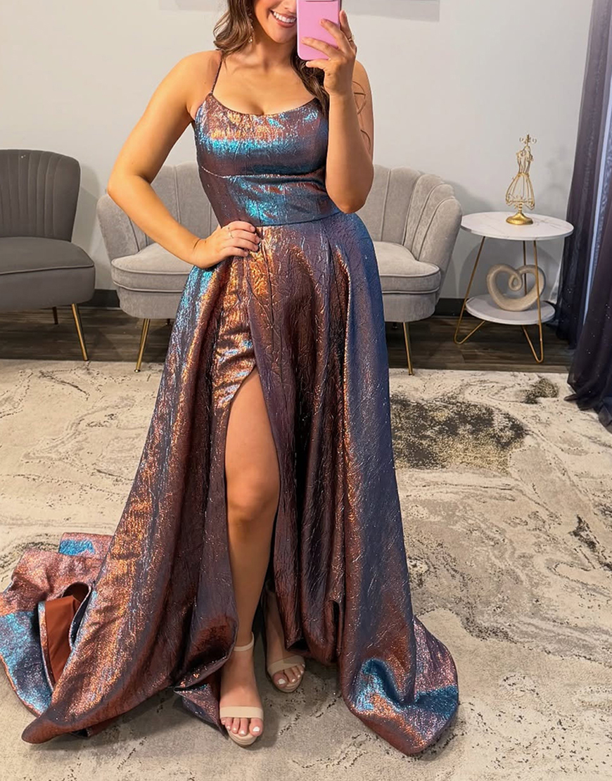 Blue Metallic Spaghetti Straps A Line Long Prom Dress with Slit