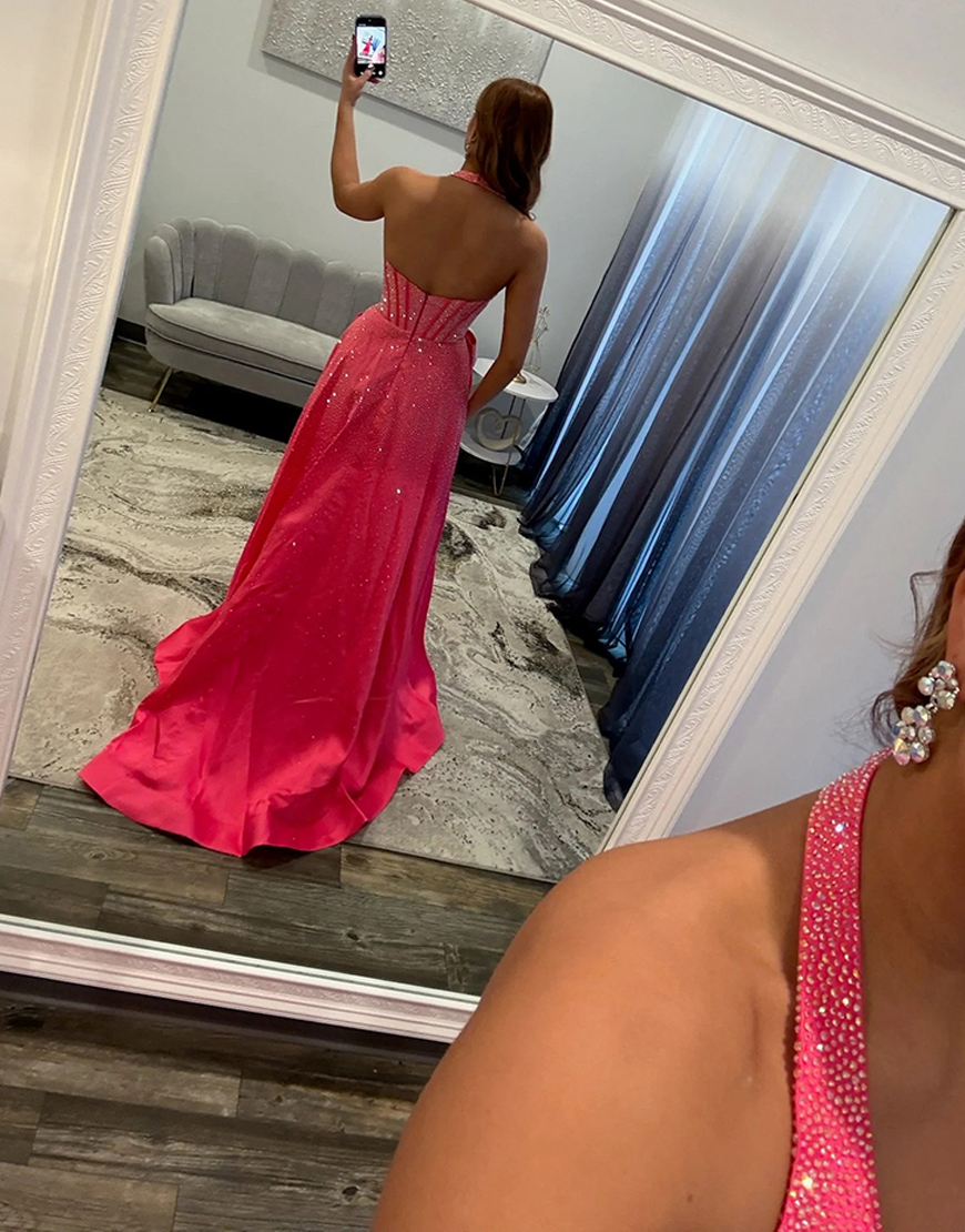 Sparkly Light Blue Halter Beaded Corset Long Prom Dress with Bow