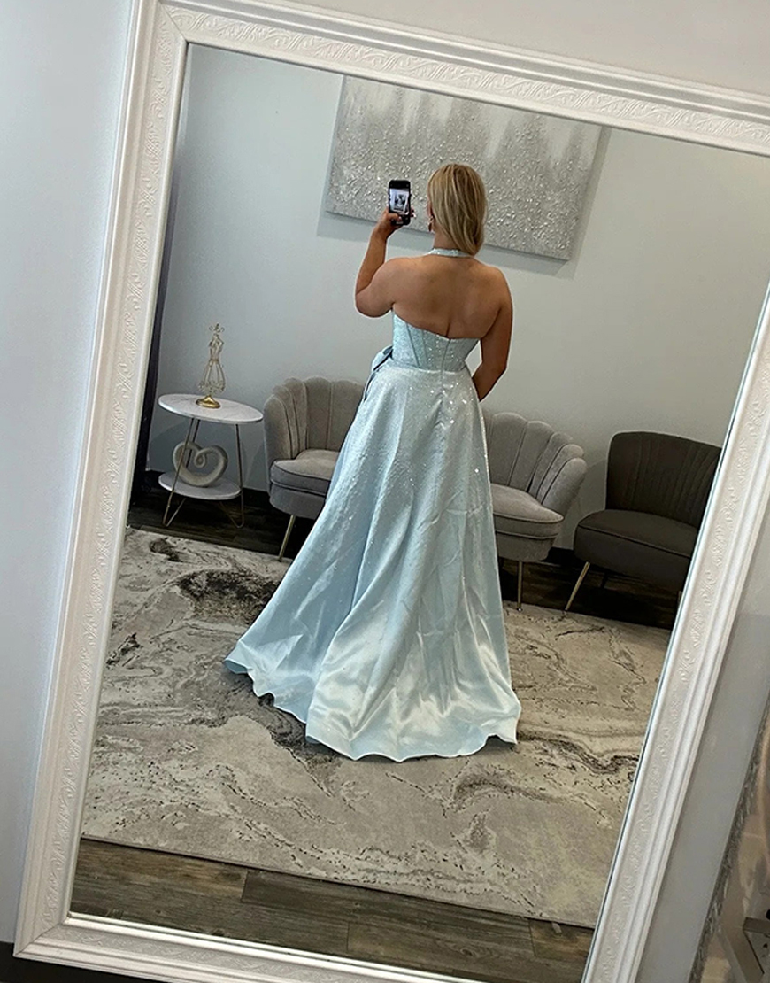 Sparkly Light Blue Halter Beaded Corset Long Prom Dress with Bow
