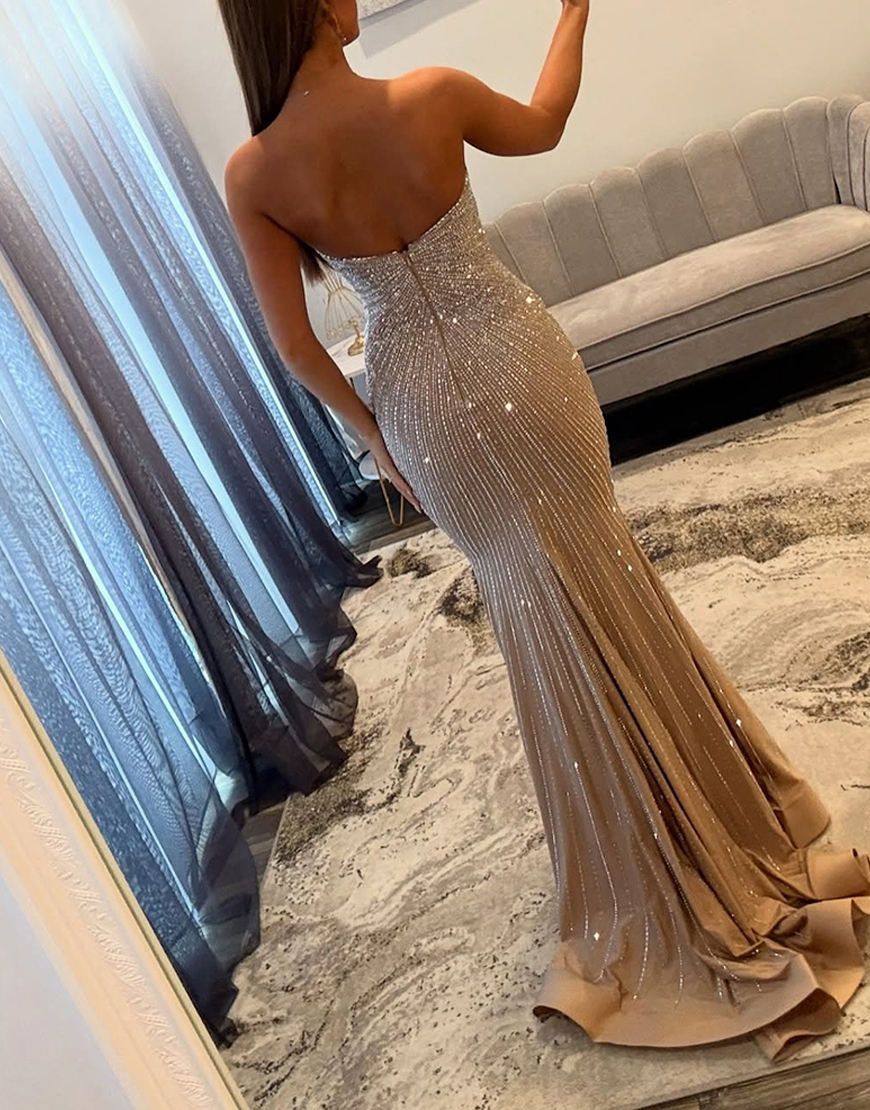 Sparkly Gold Keyhole Mermaid Beaded Satin Long Prom Dress