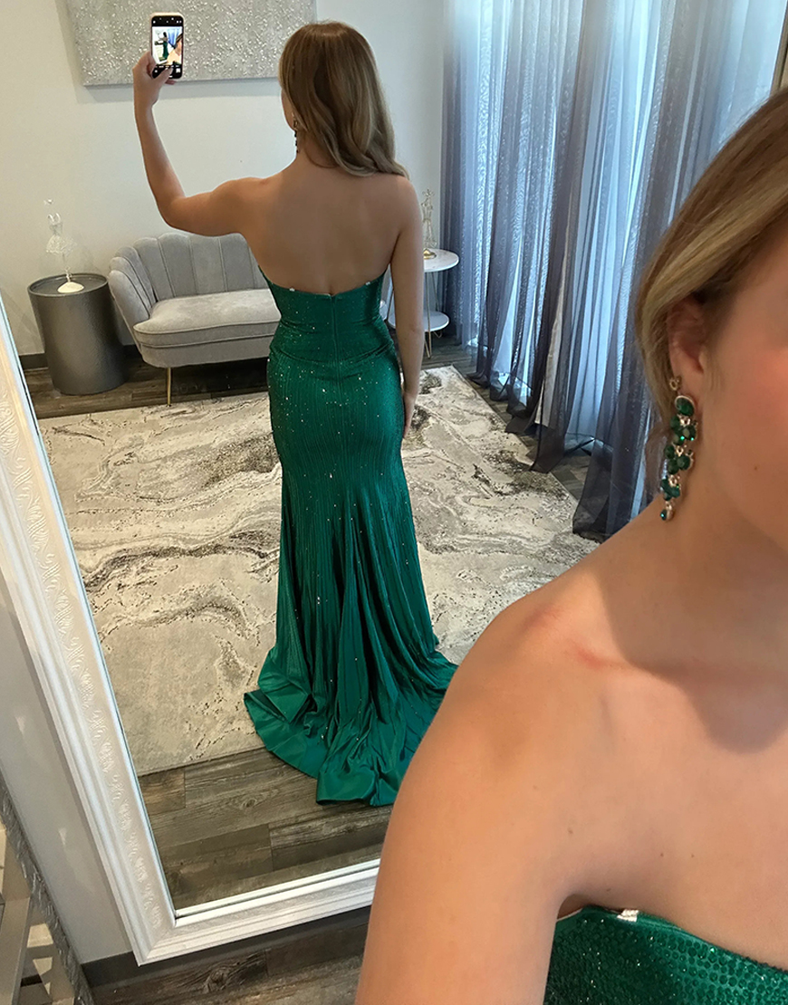 Sparkly Dark Blue Beaded Mermaid Cut Out Long Prom Dress with Slit