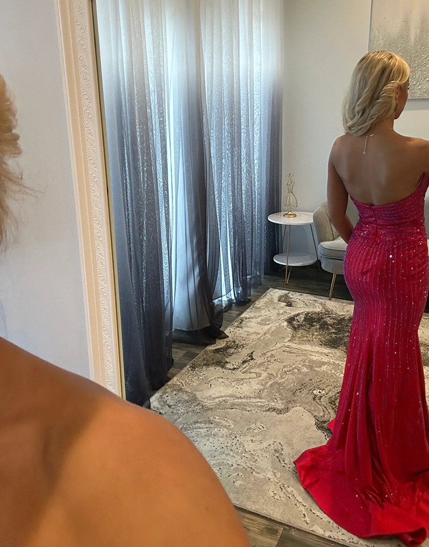 Sparkly Dark Blue Beaded Mermaid Cut Out Long Prom Dress with Slit