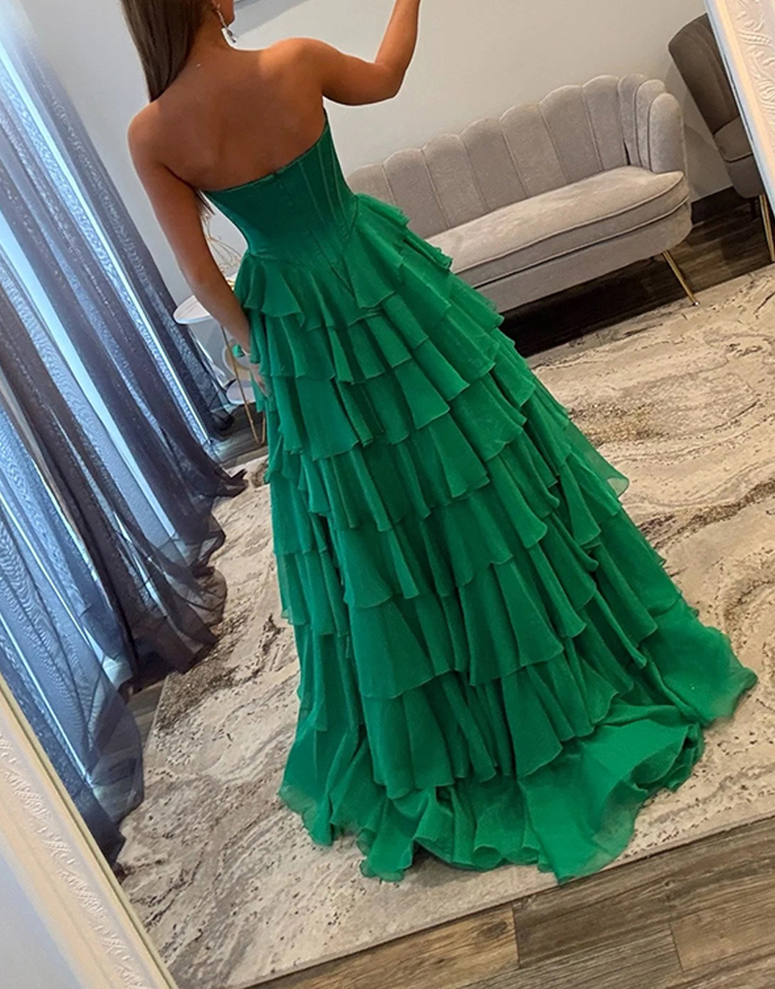 Green Corset Ball Gown Chiffon Sweetheart Ruffled Long Prom Dress with Slit