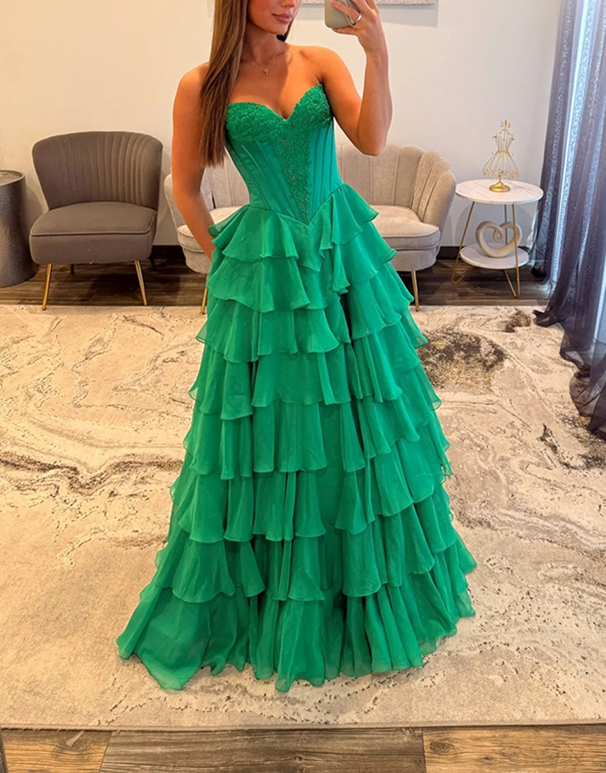 Green Corset Ball Gown Chiffon Sweetheart Ruffled Long Prom Dress with Slit