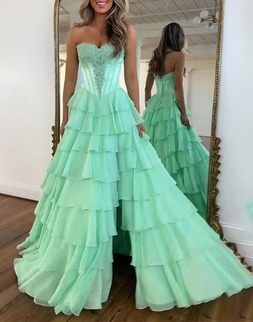 Green Corset Ball Gown Chiffon Sweetheart Ruffled Long Prom Dress with Slit