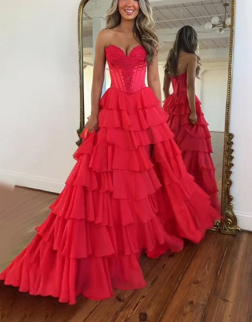 Green Corset Ball Gown Chiffon Sweetheart Ruffled Long Prom Dress with Slit