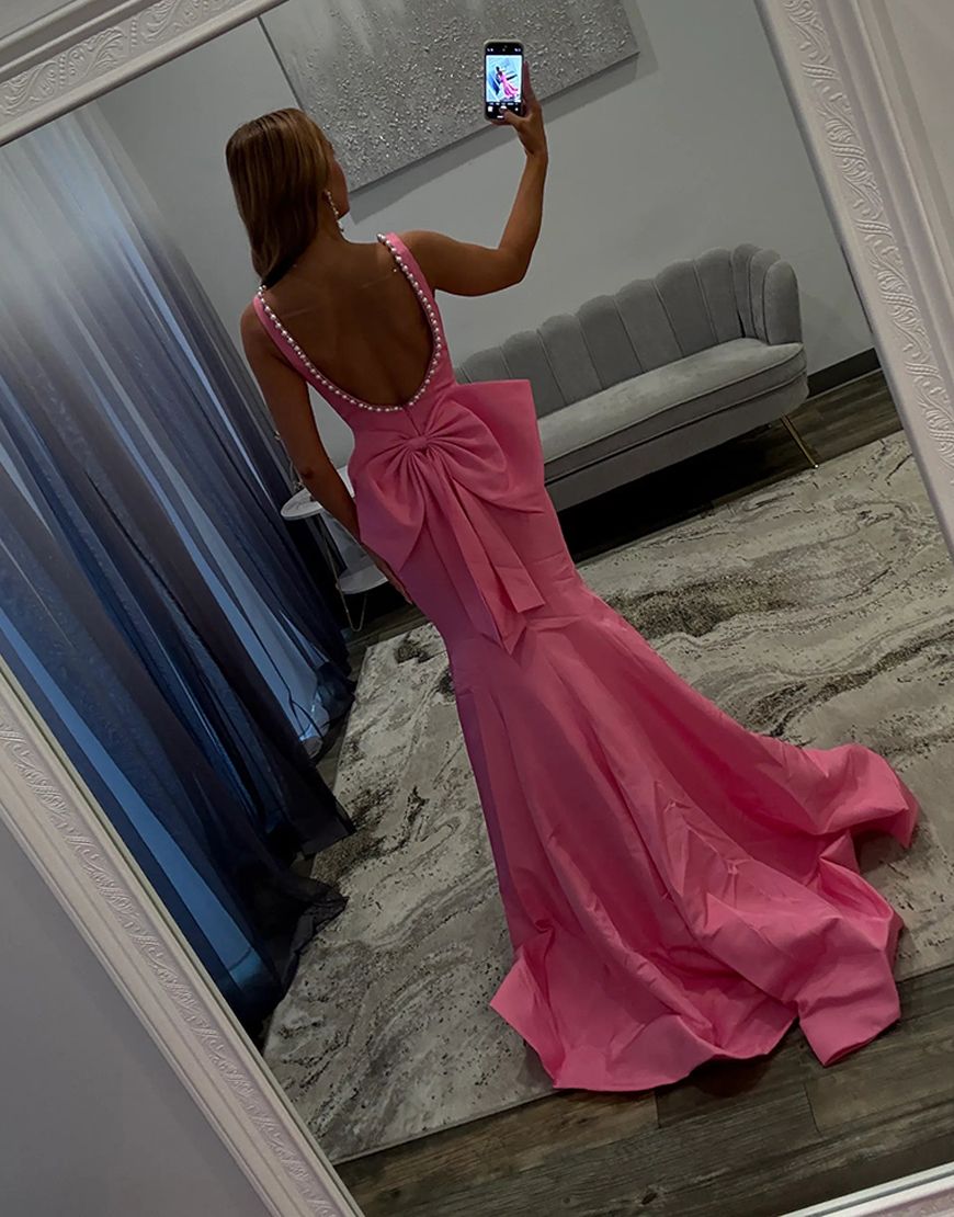 Sparkly Pink Mermaid Corset Long Prom Dress with Bow