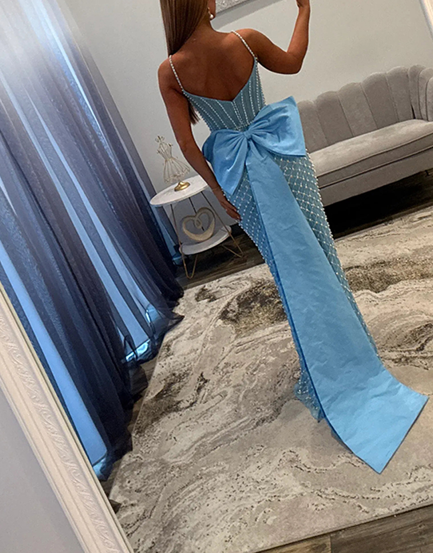 Sparkly Blue Mermaid Corset Long Prom Dress with Pearls