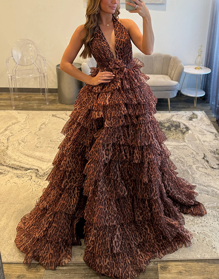 Brown Leopard Ruffled Ball Gown Halter Tiered Long Prom Dress