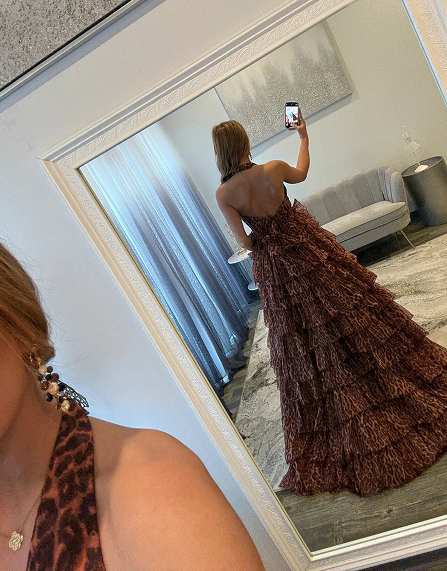 Brown Leopard Ruffled Ball Gown Halter Tiered Long Prom Dress