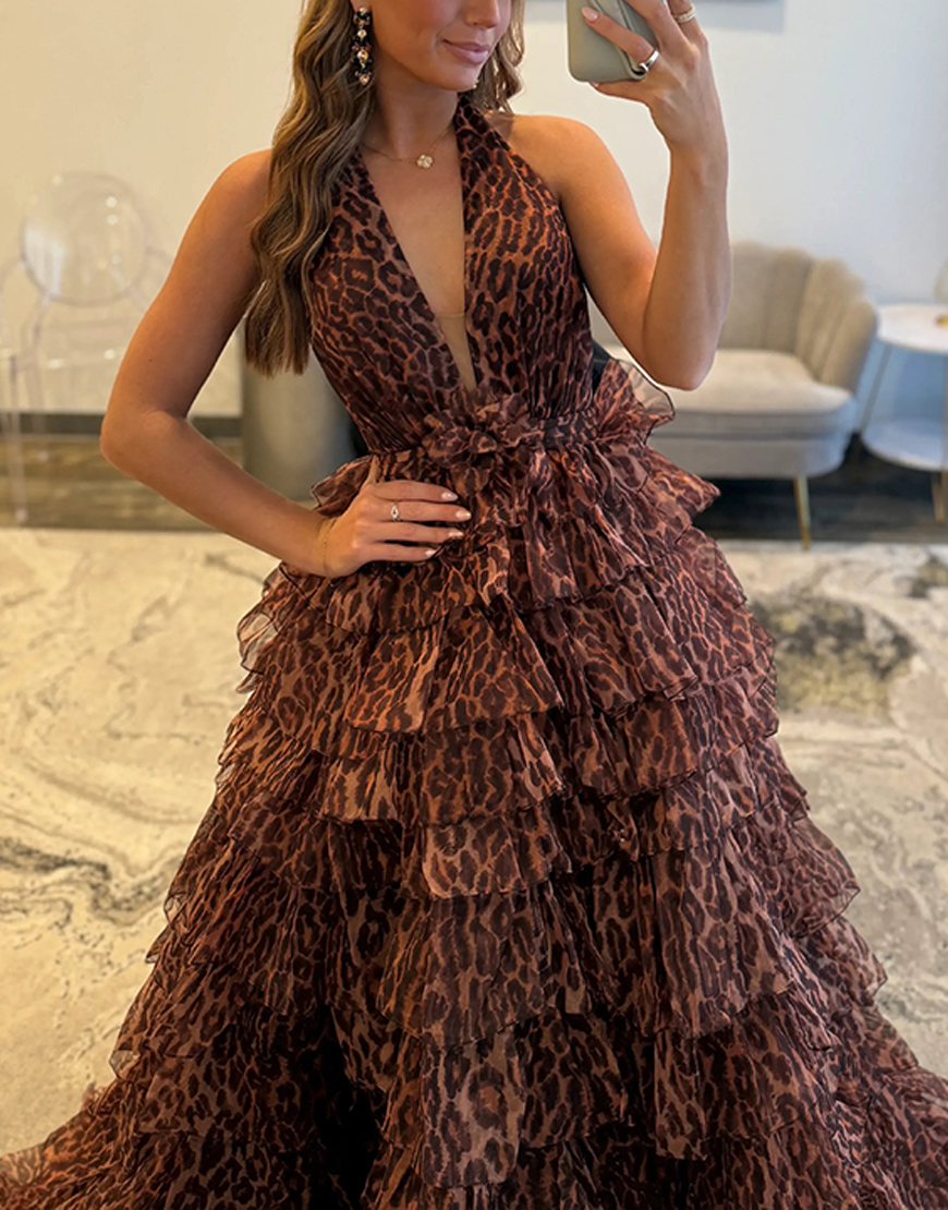 Brown Leopard Ruffled Ball Gown Halter Tiered Long Prom Dress