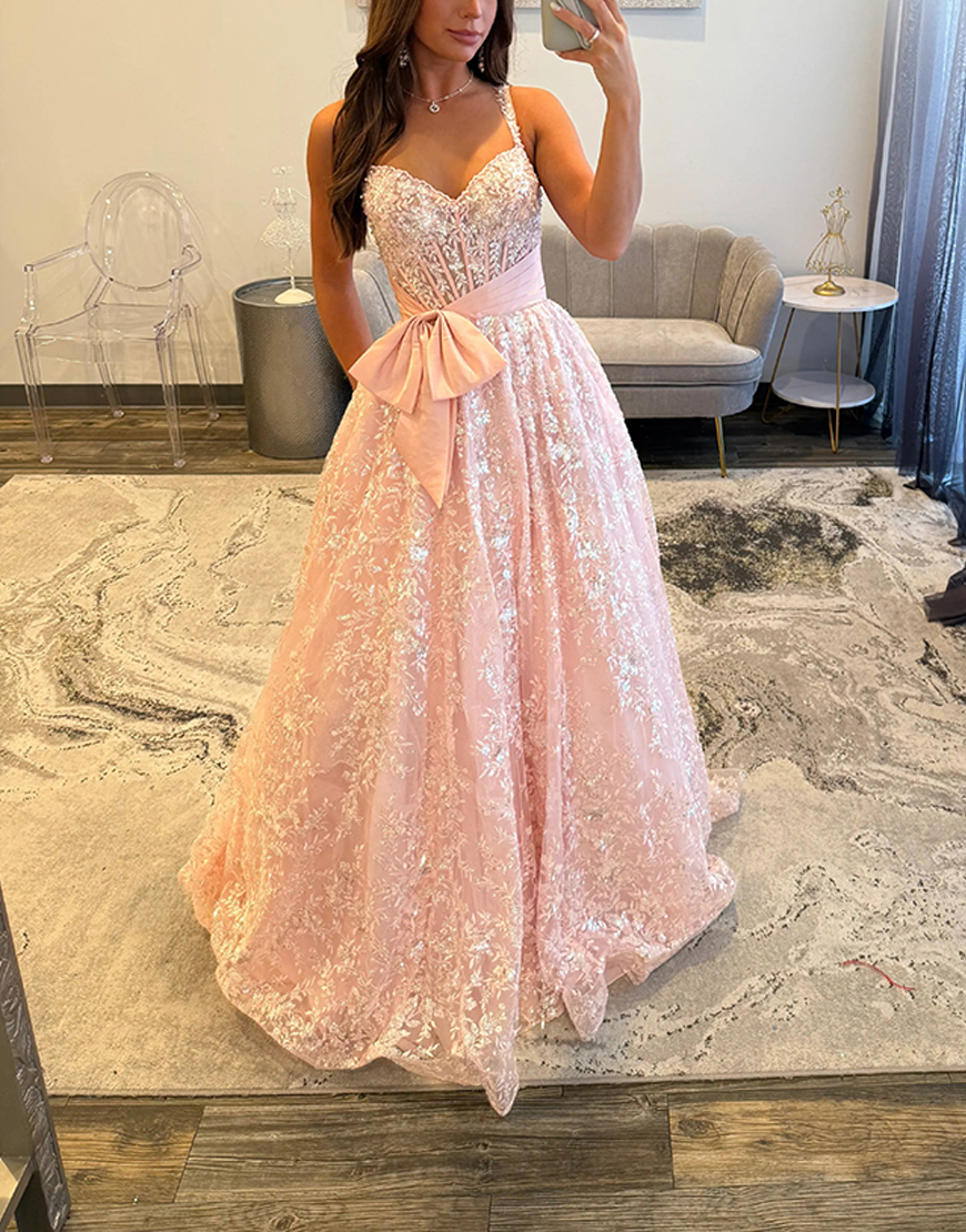 Sparkly Pink Lace Corset A Line Long Prom Dress with Bow