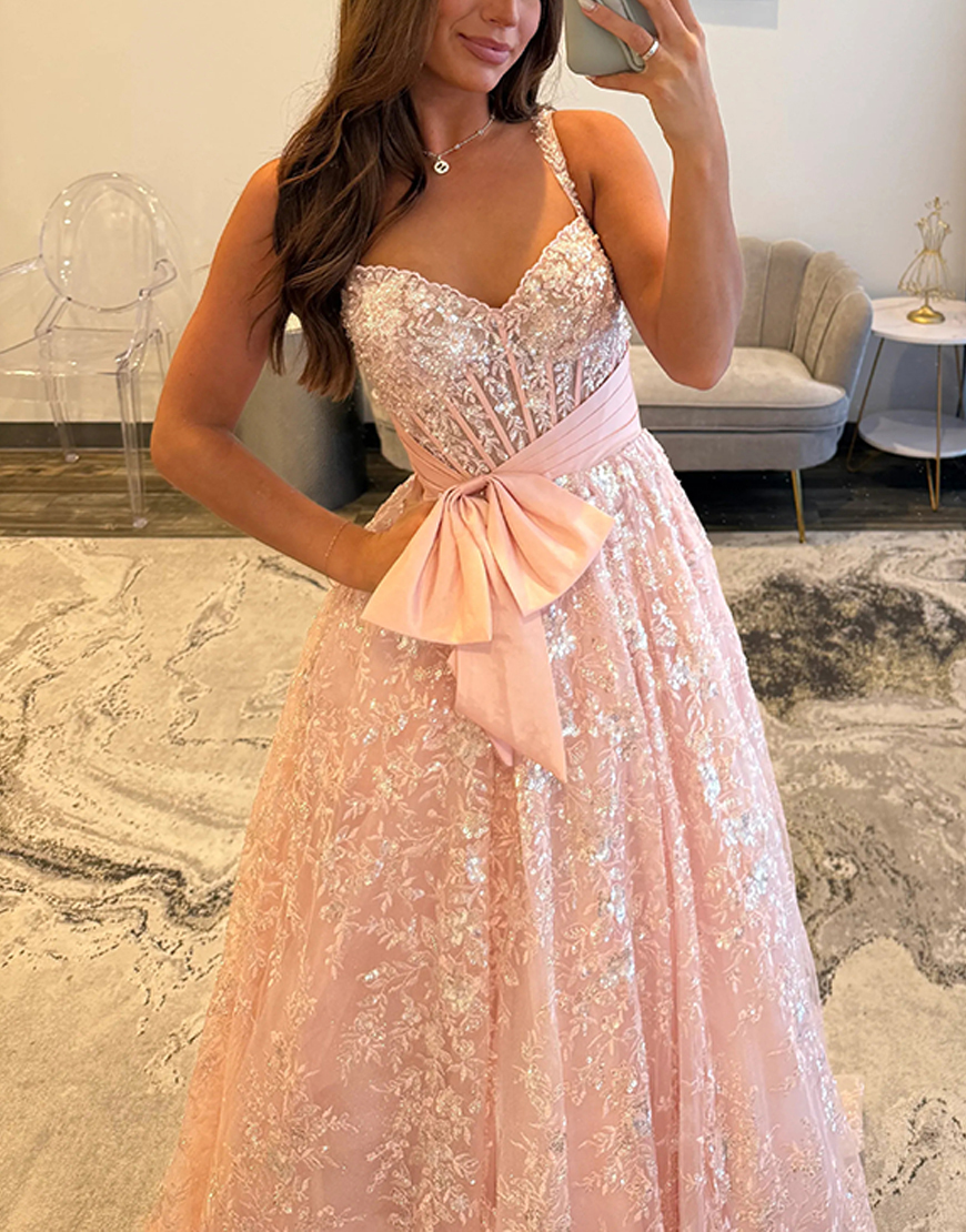 Sparkly Pink Lace Corset A Line Long Prom Dress with Bow