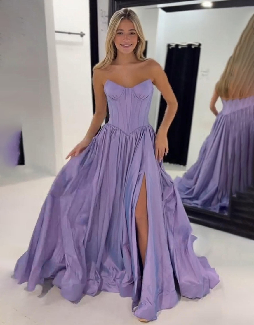 Purple Strapless Corset A Line Long Prom Dress with Slit