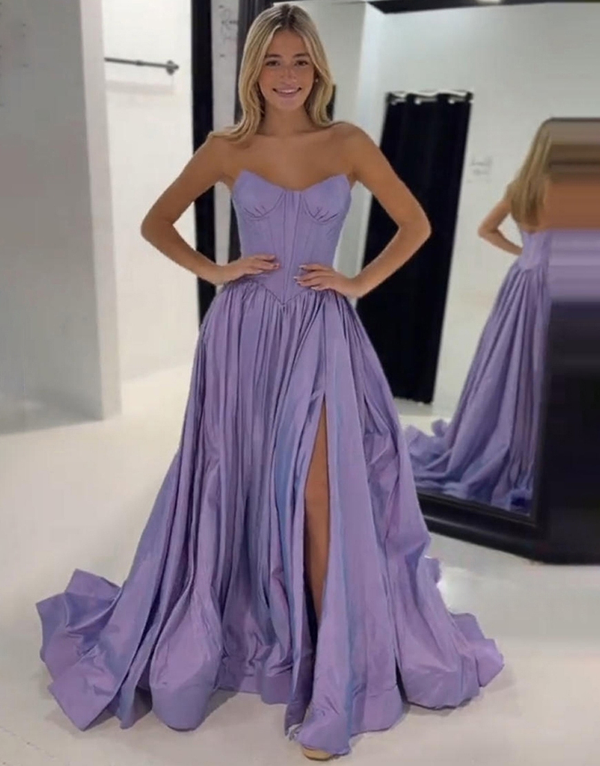 Purple Strapless Corset A Line Long Prom Dress with Slit