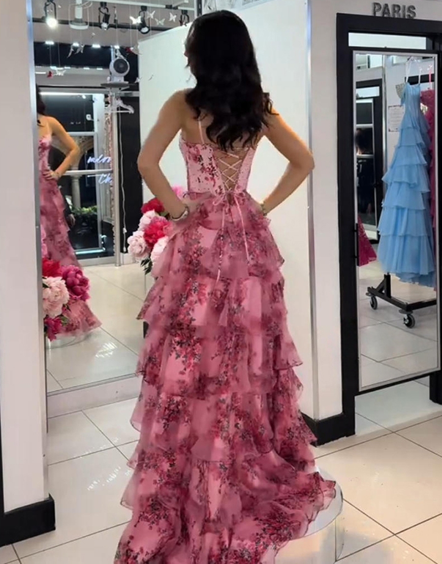A Line Pink Flower Spaghetti Straps Corset Tiered Ruffled Long Prom Dress with Slit