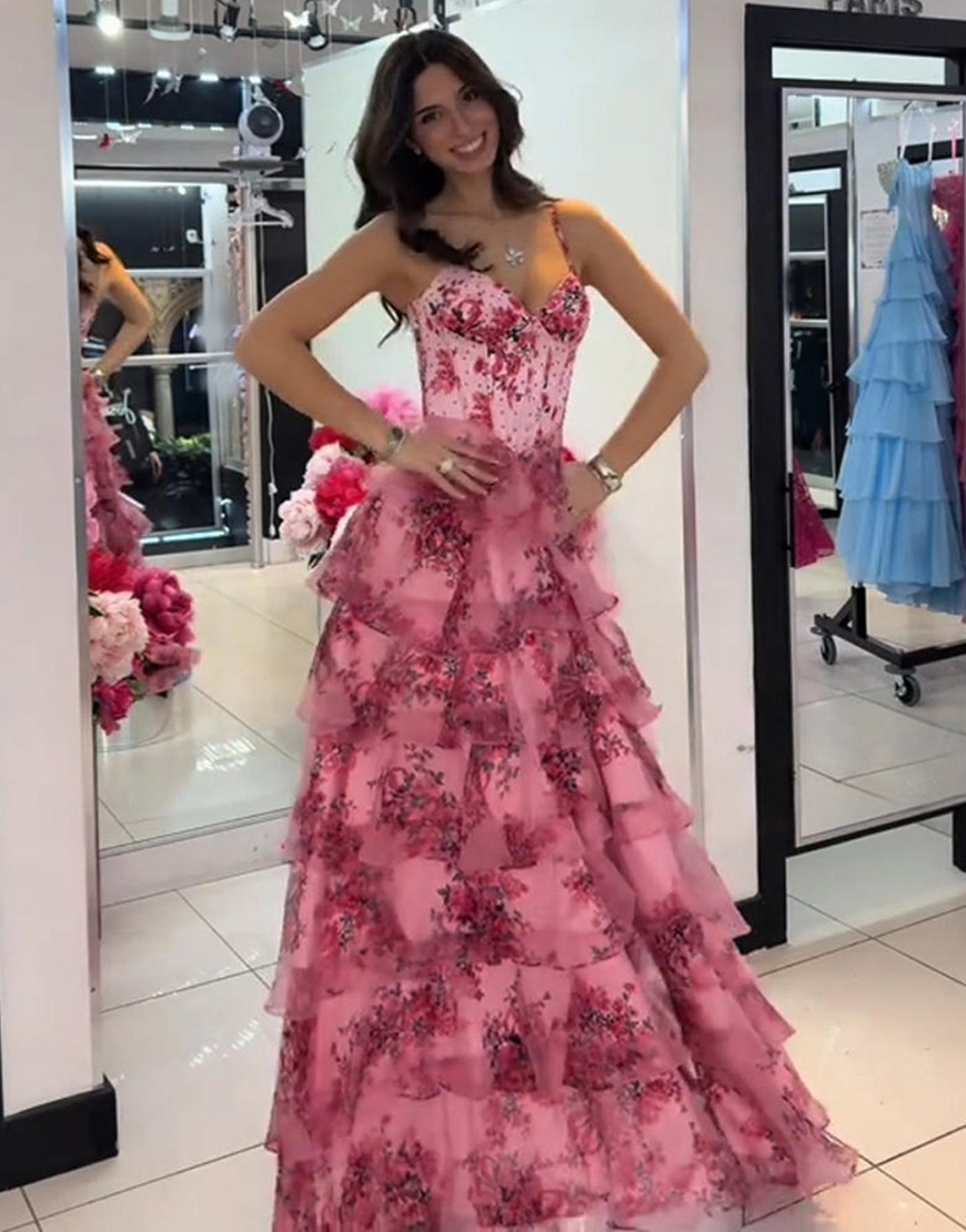 A Line Pink Flower Spaghetti Straps Corset Tiered Ruffled Long Prom Dress with Slit