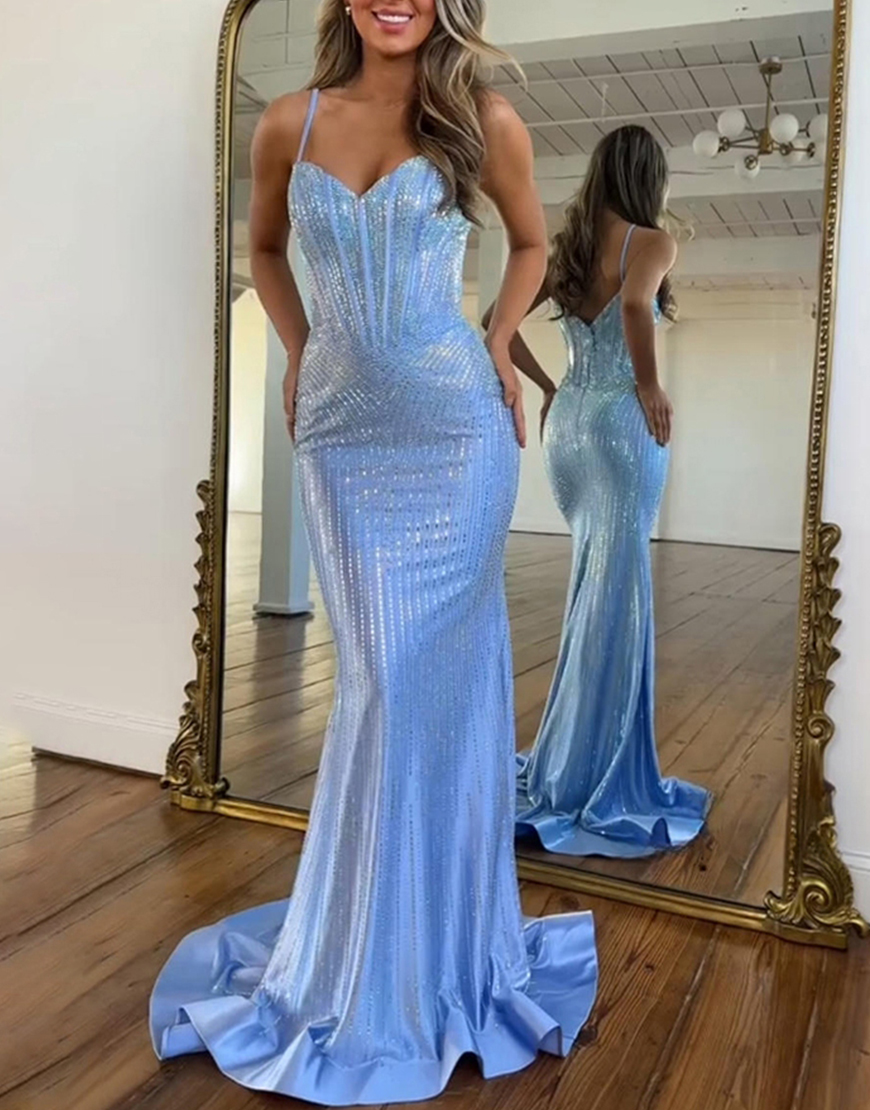 Sparkly Blue Corset Mermaid Spaghetti Straps Sequined Long Prom Dress