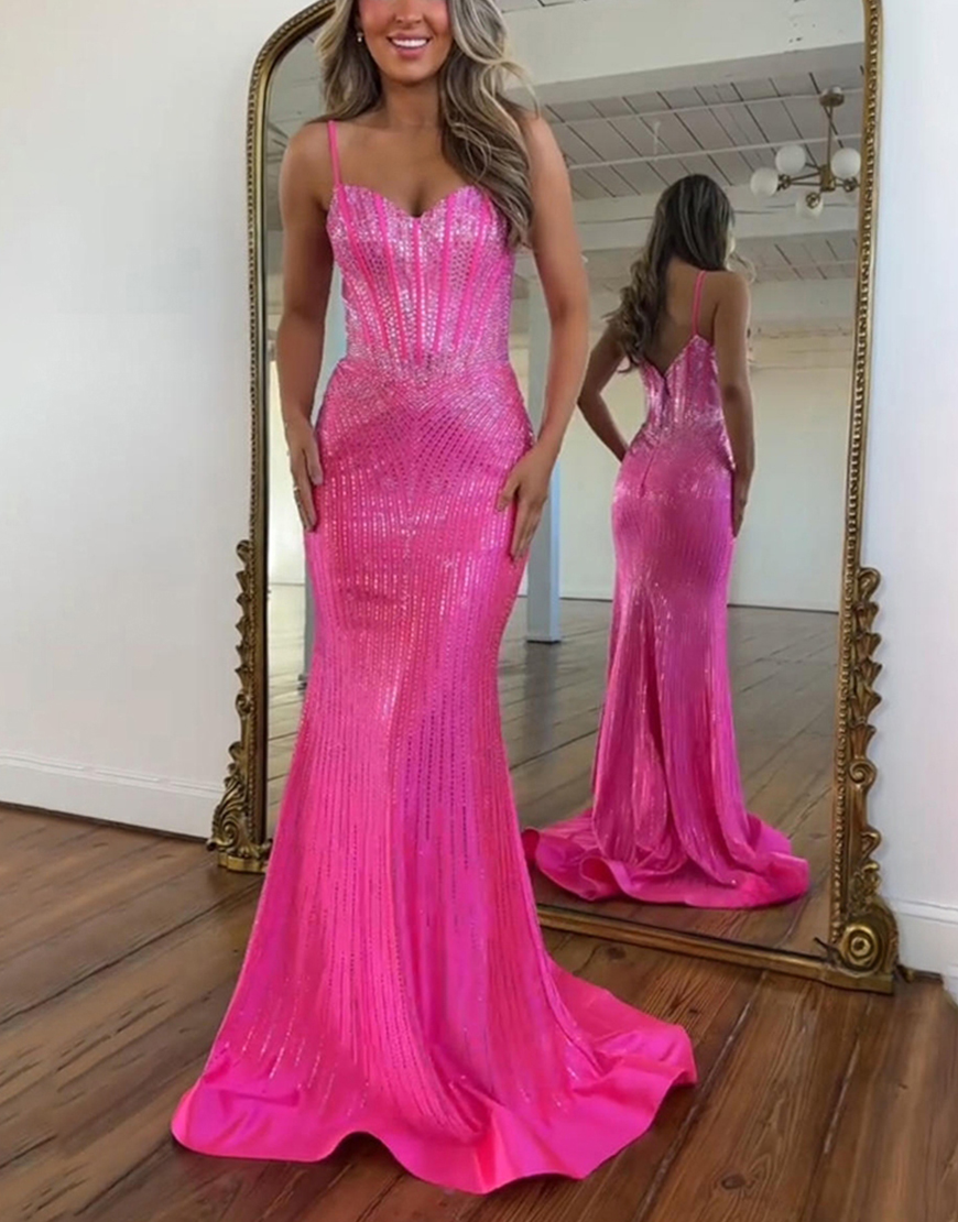 Sparkly Blue Corset Mermaid Spaghetti Straps Sequined Long Prom Dress