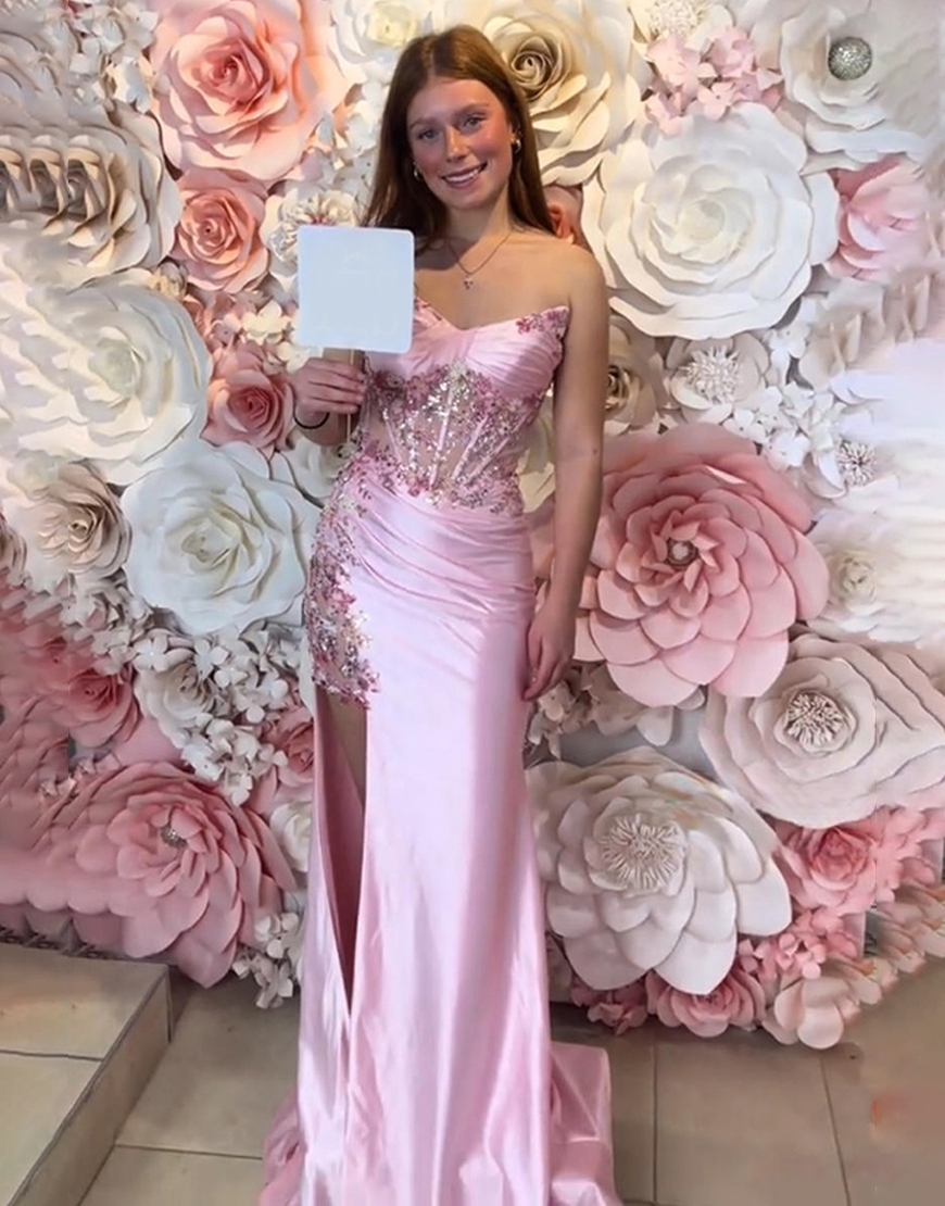 Pink Strapless Corset Appliqued Mermaid Long Prom Dress with Slit