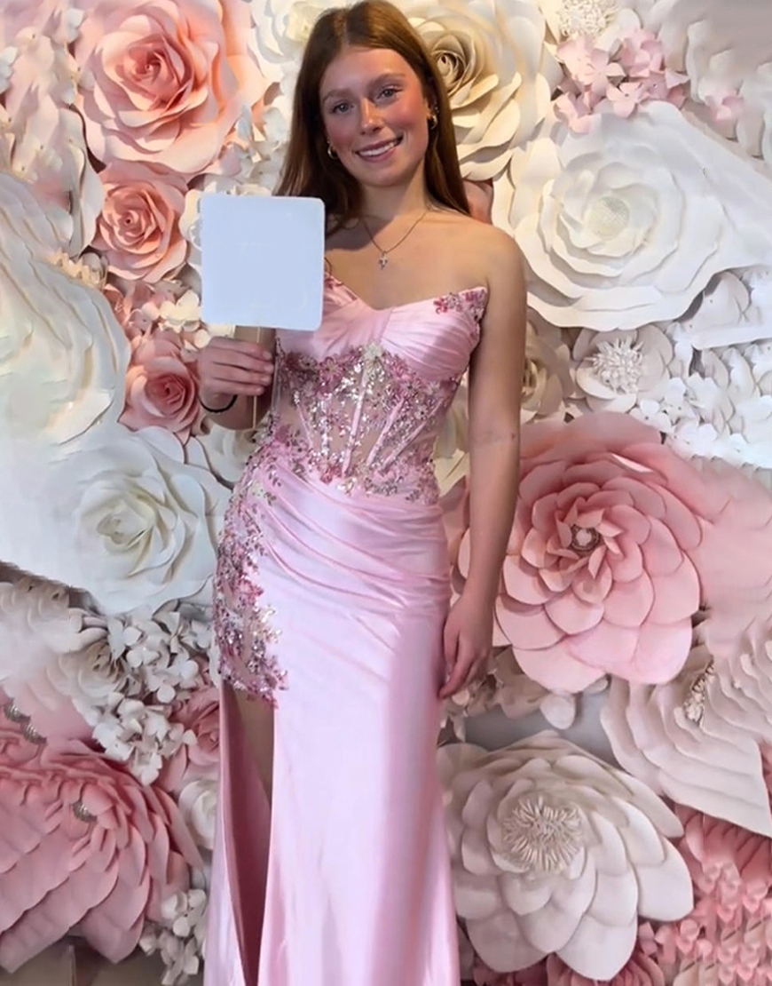 Pink Strapless Corset Appliqued Mermaid Long Prom Dress with Slit