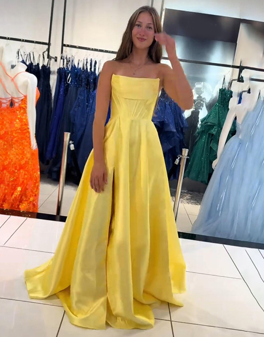 Yellow Corset Strapless A Line Long Prom Dress with Slit