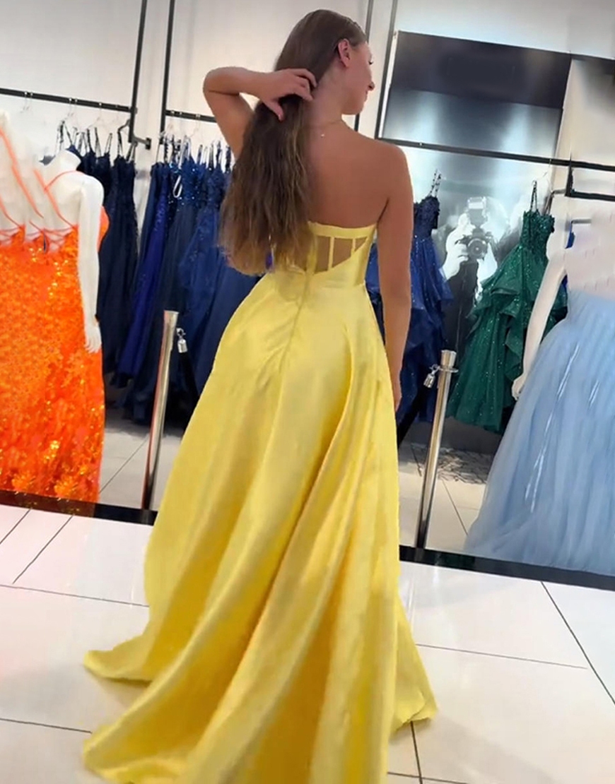 Yellow Corset Strapless A Line Long Prom Dress with Slit