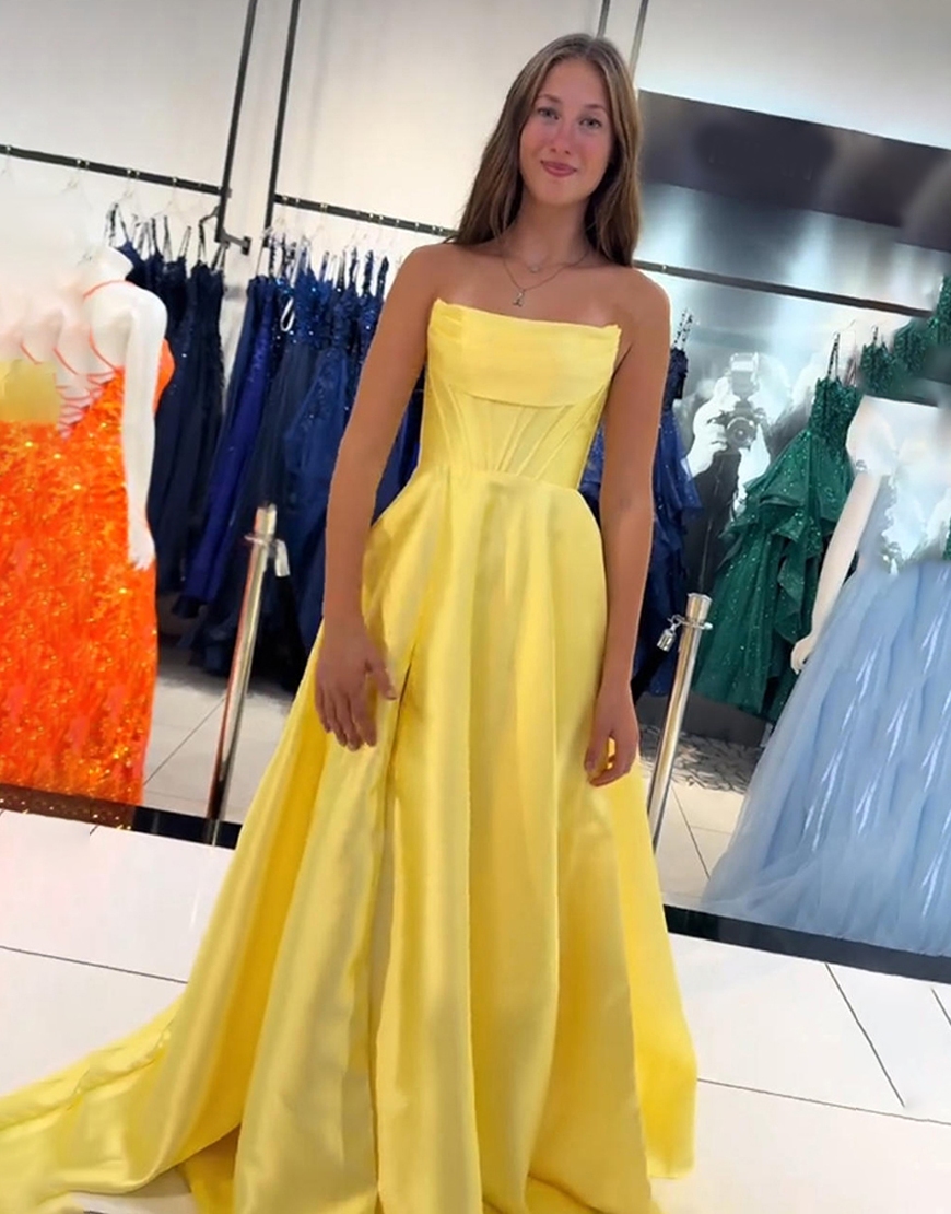 Yellow Corset Strapless A Line Long Prom Dress with Slit