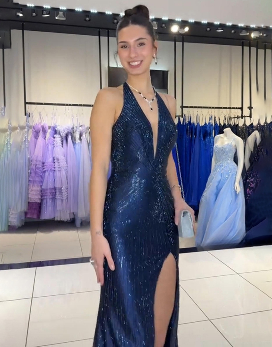 Navy V Neck Sparkly Sequin Mermaid Long Prom Dress with Slit