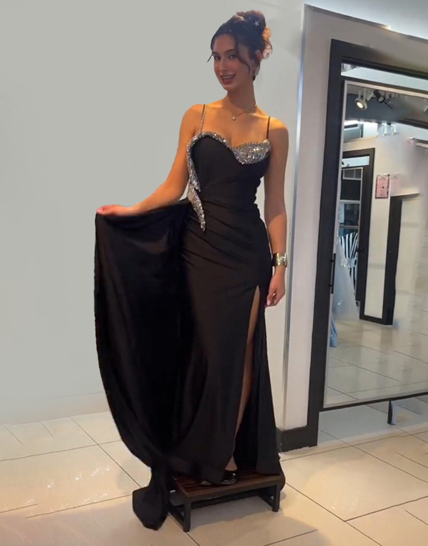 Black Sparkly Beading Mermaid Long Spaghetti Straps Prom Dress with Slit