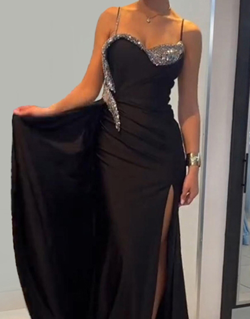 Black Sparkly Beading Mermaid Long Spaghetti Straps Prom Dress with Slit