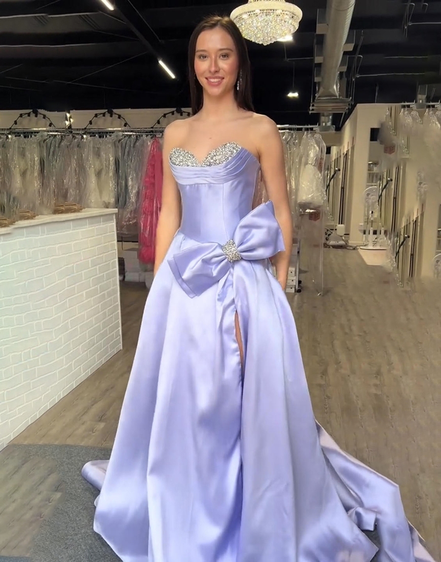 Lilac Sparkly Beading A Line Sweetheart Long Prom Dress with Bow