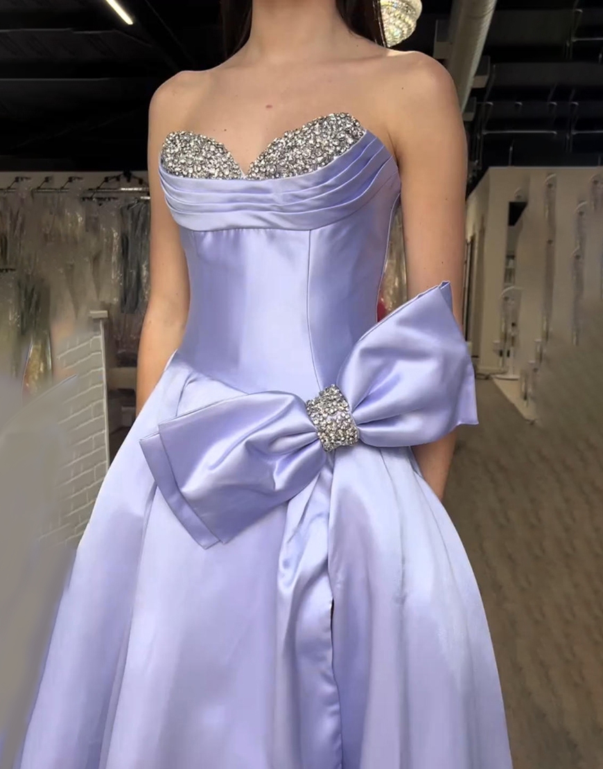 Lilac Sparkly Beading A Line Sweetheart Long Prom Dress with Bow