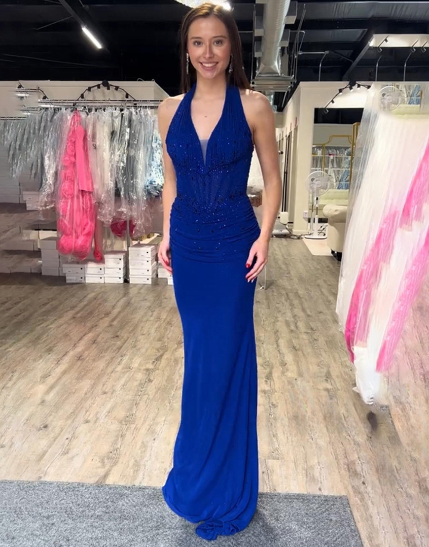 Royal Blue Halter Corset Sparkly Beaded Mermaid Long Prom Dress